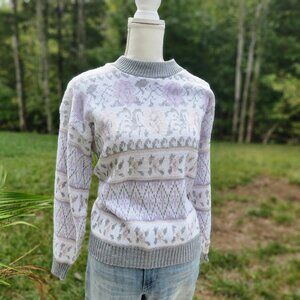 Authentic Vintage 80's cross-stitch rose mock neck fall sweater gray lavender